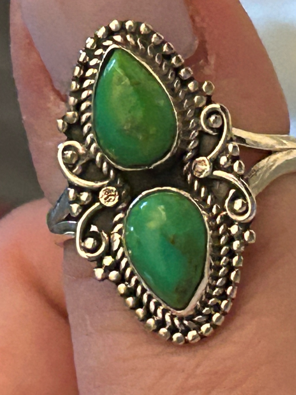 Sterling Silver Green Mojhave Double Teardrop Ring size 8.5